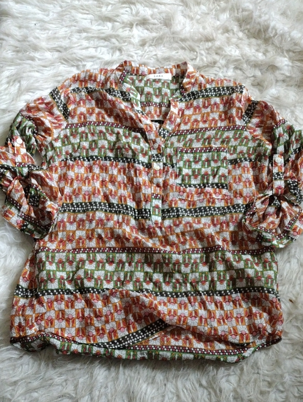 LARA Orange and Green Geometric Popover Blouse